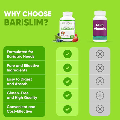 BariSlim Chewable Bariatric Multivitamin Tablets - Specially Formulated Chewable Tablets for Patients After Weight Loss Surgery - Easy to Digest & Great Tasting Fruit Flavors | Pack of 2