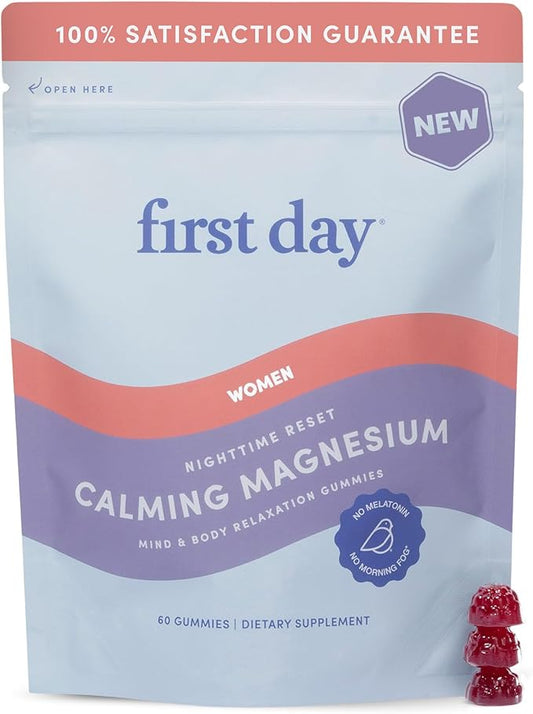 First Day Women’s Nighttime Reset Calming Magnesium Gummies – Sleep Aid Supports Peaceful Rest, Balanced Mood & Energy – Supplement with Magnesium Citrate, L-Theanine & No Melatonin – 30-Day Supply