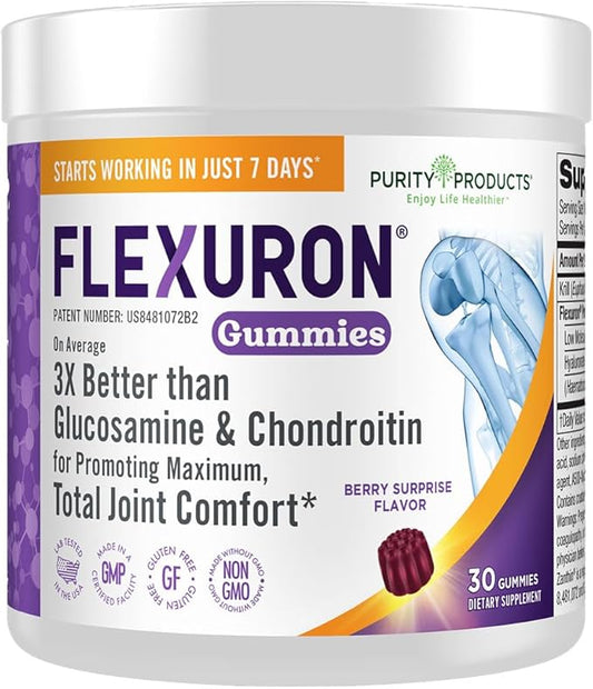 Purity Products Flexuron Gummies Joint Formula 3X Better Than Glucosamine and Chondroitin - Starts Working in just 7 Days - Krill Oil, Low Molecular Weight Hyaluronic Acid, Astaxanthin - 30 Ct (1)