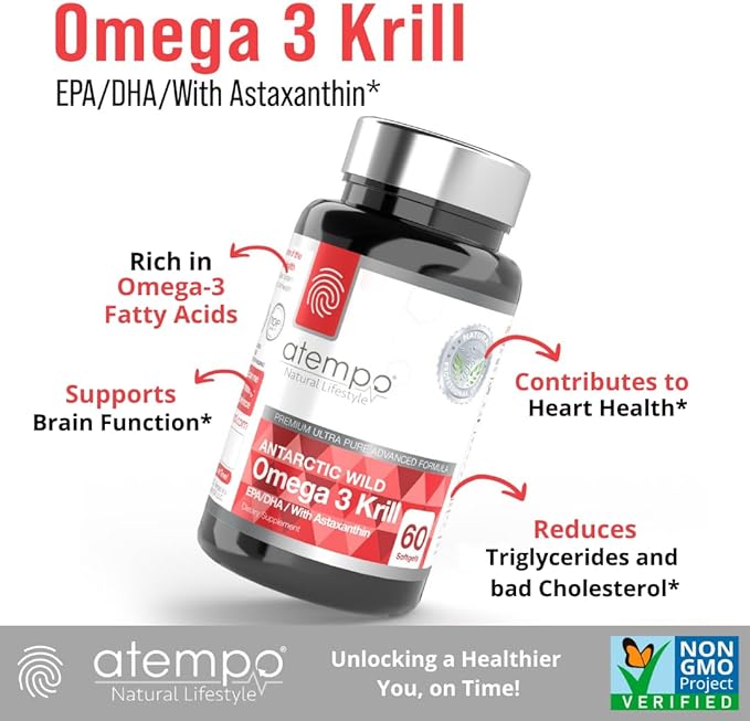 Antarctic Krill Oil 1000mg Rich in Omega 3 Healthy Fatty Acid Extra Strength EPA & DHA with Natural Astaxanthin, Heart & Brain Health, Superior Absorption 60 Small softgels. No Aftertaste or Reflux
