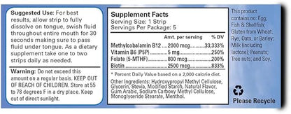 2,000 mcg Methylcobalamin Vitamin B12 Sublingual Energy Strips | Biotin, B6, 5-MTHF L-Methylfolate | Sublingual B12 Vitamins, Folate | Energy, Brain Health, Nerve Function - 5 Strips
