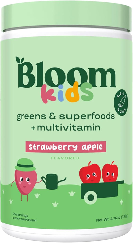 Bloom Nutrition Superfood Greens Powder for Kids, Digestive Enzymes, Probiotics, Prebiotics, Gut Health, Chlorella, Green Juice Mix w/Beet Root Powder (25 Servings (Pack of 1), Strawberry Apple)