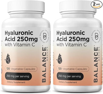 Pure Hyaluronic Acid Supplement 250mg with Vitamin C 50mg, 120 Vegan Capsules - Skin Hydration for Natural Glow, Hair, Nails, Bone & Joint Health Formula