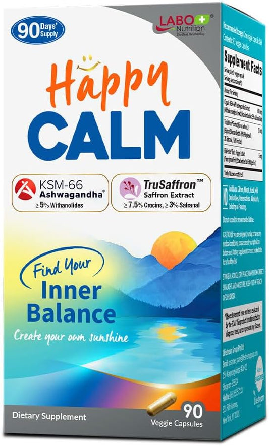 LABO Nutrition Happy Calm with KSM-66 Ashwagandha, Saffron Extract and Black Pepper Extract for Stress, Cognitive Health, Immune Boost, Quality Sleep, 5% Withanolides, 90 Vegan Capsule