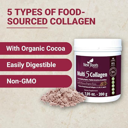 New Roots Multi 5 Coco Collagen Powder Supplement (Types I, II, III, V and X) Hydrolyzed Collagen - Dairy & Gluten Free - 12g per Serving - Chocolate Flavor, 7.05 oz