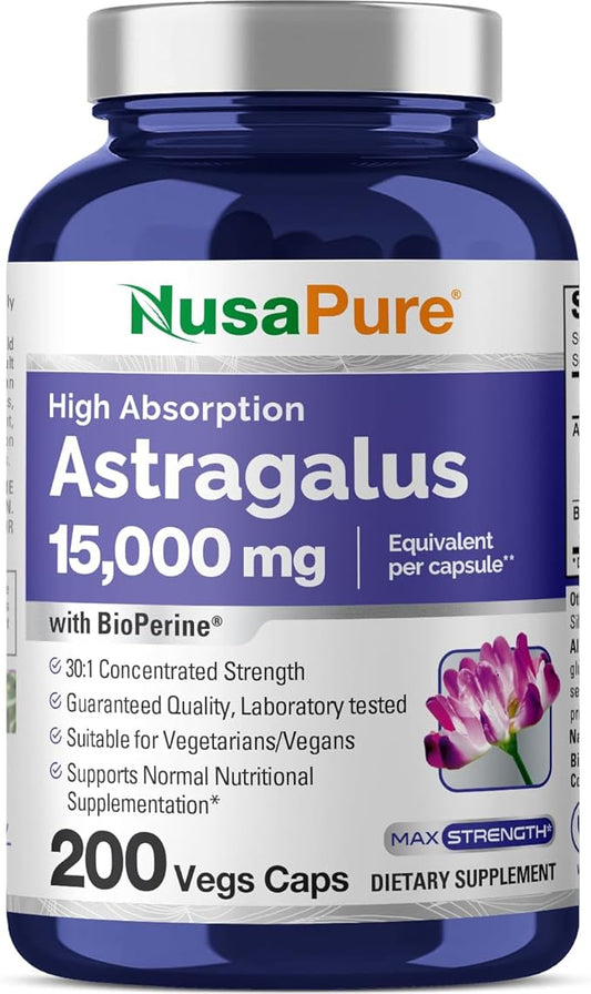 NusaPure Astragalus 15,000mg per Caps 200 Veggie Capsules (Vegetarian, Non-GMO, Vegan)