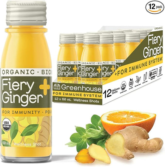 Greenhouse Juice Ginger Shots Organic Fiery Ginger Wellness Shot, Cold Pressed with Turmeric Pepper Vitamin C Immunity Vegan & Gluten-Free (2 Oz, Pack of 12)