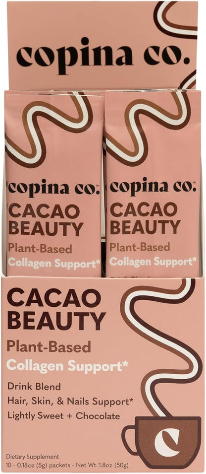 Cacao Beauty Vegan Collagen Booster Drink Blend: Plant-Based Collagen Support Smoothie Drink Vegan Blend Variety Pack | Cacao Flavor | 10 Individual Stick Packs per Carton