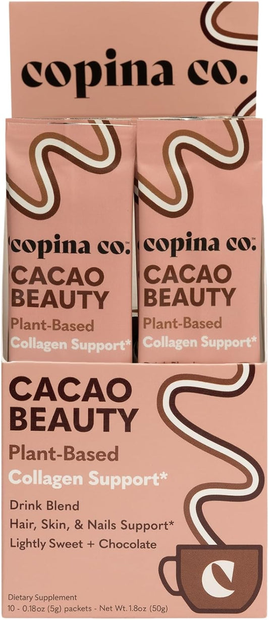 Cacao Beauty Vegan Collagen Booster Drink Blend: Plant-Based Collagen Support Smoothie Drink Vegan Blend Variety Pack | Cacao Flavor | 10 Individual Stick Packs per Carton