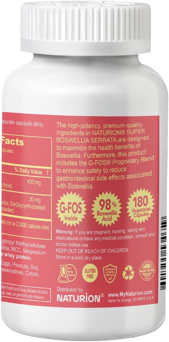 Super Boswellia Serrata with G-FOS - 98% Boswellic Acid - Supports Joint & Mobility Health - 180 Vegan Capsules, 180 Day Supply