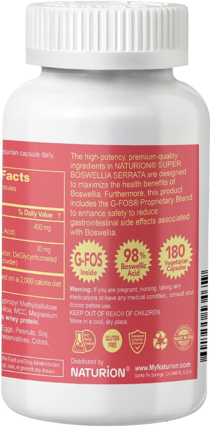 Super Boswellia Serrata with G-FOS - 98% Boswellic Acid - Supports Joint & Mobility Health - 180 Vegan Capsules, 180 Day Supply