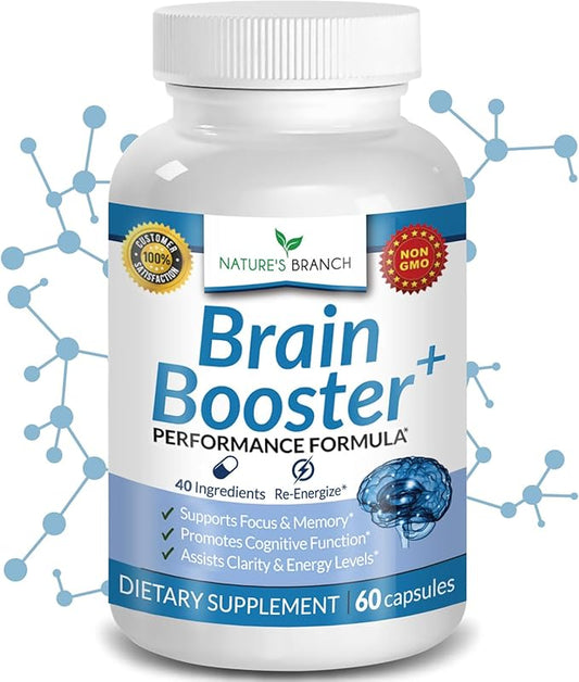 40-in-1 Brain Booster Supplement for Focus, Memory, Clarity, Energy | Advanced Vitamins Plus eBook | for Men & Women, Cognitive Function Nootropic Support with DMAE, Mind Health Formula | 60 Capsules