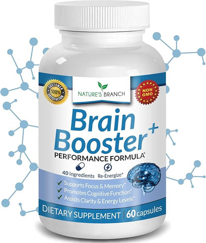 40-in-1 Brain Booster Supplement for Focus, Memory, Clarity, Energy | Advanced Vitamins Plus eBook | for Men & Women, Cognitive Function Nootropic Support with DMAE, Mind Health Formula | 60 Capsules