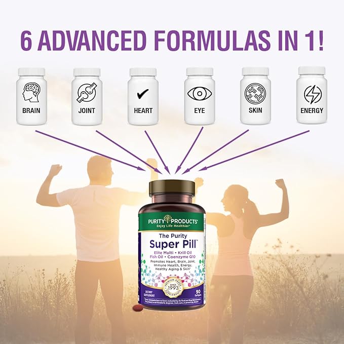 Purity Products Purity Super Pill Elite Multi + Krill Oil + Fish Oil - Vitamins + Minerals, CoQ10, Lutein - 6 Advanced Formulas in 1 Supports Healthy Brain, Joints, Heart + More - 90 Mini Softgels