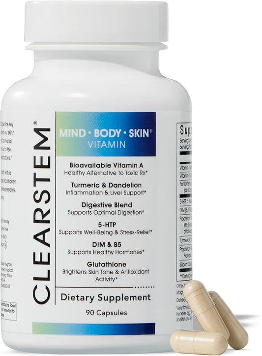 CLEARSTEM - MINDBODYSKIN Hormonal Acne Supplement (5-HTP) - Natural DIM Supplement - Skin Care Vitamins - Hormone Balance, Antioxidants - Vegan, Gluten Free, Cruelty Free - 30 Servings, 90 Capsules