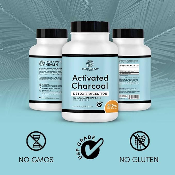 Activated Charcoal Capsules for Adults | Natural, Vegan, Non-GMO & Gluten Free | USP Charcoal Pills for Stomach Cleanse, Healthy Digestion, Gas & Nausea | USP Medical Grade | 125 ct.