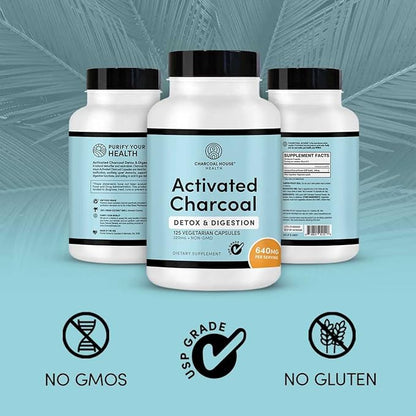 Activated Charcoal Capsules for Adults | Natural, Vegan, Non-GMO & Gluten Free | USP Charcoal Pills for Stomach Cleanse, Healthy Digestion, Gas & Nausea | USP Medical Grade | 125 ct.