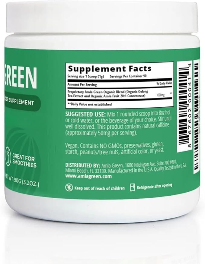 Amla Powder & Green Tea Superfood Supplement, 20x Ultra Concentrated Amla, Antioxidant Support, Made with Oolong Tea and Indian Gooseberries, Organic, Vegan, Classic Flavor, 90 Servings