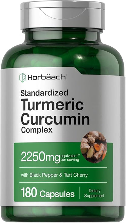 Horbäach Turmeric Curcumin Supplement | 2250mg | 180 Capsules | with Black Pepper & Tart Cherry | Non-GMO & Gluten Free