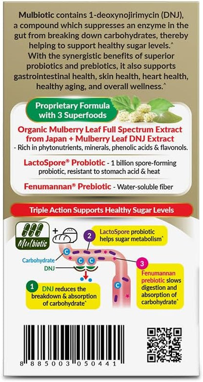 LABO Nutrition Mulbiotic Capsule, Organic Mulberry Leaf Extract + LactoSpore Probiotic & Fenumannan Prebiotic, for Healthy Carb Cravings Support, Vegetarian, Non-GMO