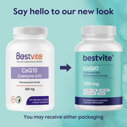 BESTVITE CoQ10 200mg (120 Vegetarian Capsules) Naturally Fermented - No Stearates - Vegan - Gluten Free - Non GMO