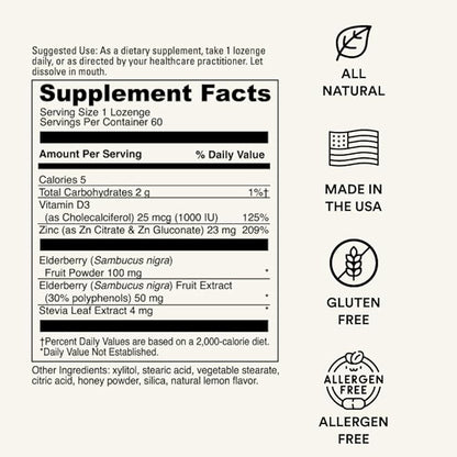 Immunity Lozenge w/Elderberry, Zinc & D3 | Immune Support Supplement for Men, Women & Kids | Non-GMO, Gluten & Caffeine Free | 60 Lozenges