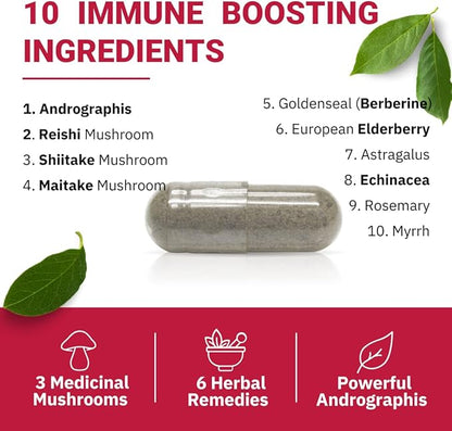 IMMUNE DEFENCE | Andrographis & Astragalus, Powerful Immune Support Supplement with 4 Extra Herbals: Elderberry, Echinacea, Goldenseal, Rosemary | Reishi, Shiitake, Maitake Mushroom (30 Capsules)