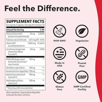 LifeSeasons - Blood Nourish-R - Iron Deficiency Supplement - Supports Anemia, Fatigue, Paleness & Dizziness - No Constipation - Blood Building - Iron, Alfalfa, Raspberry & Vitamin B-12-60 Capsules