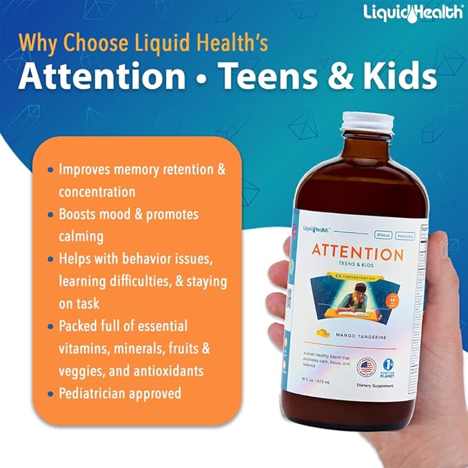 LIQUIDHEALTH Attention Liquid Multivitamin for Kids & Teens - Improves Memory Retention, Concentration, Focus, Mood, Relaxation & Calming - Made in The USA, Great Taste, Vegan, Sugar-Free (16 oz)