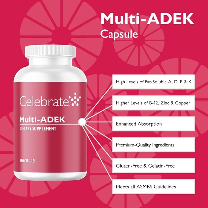 Celebrate Vitamins Multi ADEK, Iron Free – Daily Bariatric Multivitamin, High Level of Vitamins A, D, E, K & B12 for Duodenal Switch Surgery Patients (180 Capsules)