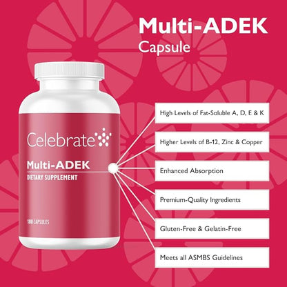 Celebrate Vitamins Multi ADEK, Iron Free – Daily Bariatric Multivitamin, High Level of Vitamins A, D, E, K & B12 for Duodenal Switch Surgery Patients (180 Capsules)