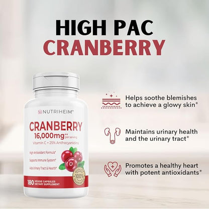 Cranberry Extract Pills Supplement 25% Proanthocyanidins with Vitamin C - Urinary Tract, Skin, Immune Support - 180 Veggie Capsules - Non-GMO, Gluten-Free, Vegan Friendly
