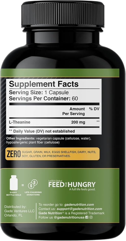 Gade Nutrition L-Theanine 200mg | L Theanine 200 mg | L Theanine Supplement in Vegetable Capsules | Made in USA | Take 2 Capsules for L Theanine 400mg