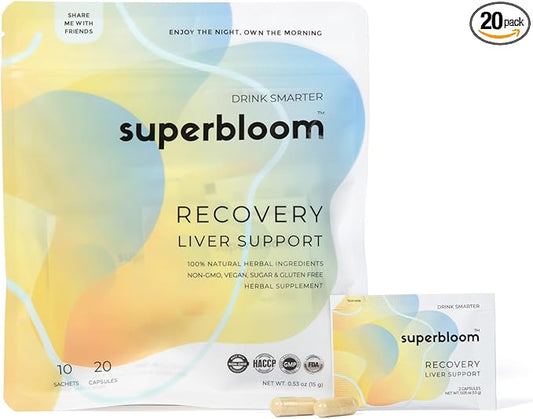 superbloom Recovery Liver Support | Liver Detox with DHM, Turmeric, Milk Thistle | 10 Sachets, 20 Capsules | Enjoy The Night, Own The Morning