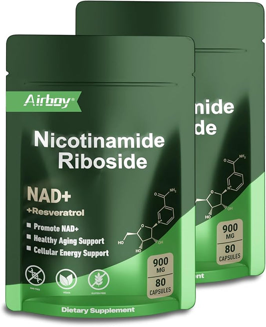 Airboy NAD+ Supplement with Nicotinamide Riboside Resveratrol & Quercetin 900 mg, NMN Alternative for Men and Women Support Anti-Aging, Energy, Focus - 80 x 2 Pack Capsules