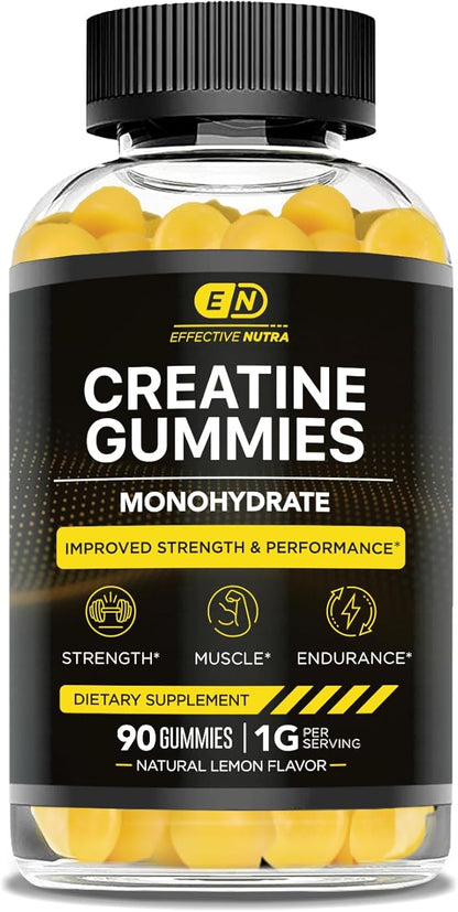 Creatine Monohydrate Gummies | 1g Per Gummy | Vegan Creatine Gummies Supplement for Men & Women | Strength, Muscle Growth, Energy, Endurance | Natural Lemon Flavor, Made in USA (90ct)