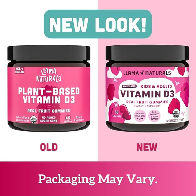 Llama Naturals Vitamin D3, Vegan, Organic Immune Support Supplement, Vitamin D Gummies for Adults and Kids, Real Fruit Gummy Vitamins, Promotes Bone Health, No Added Sugar Cane, Raspberry, 60 Ct
