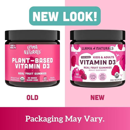 Llama Naturals Vitamin D3, Vegan, Organic Immune Support Supplement, Vitamin D Gummies for Adults and Kids, Real Fruit Gummy Vitamins, Promotes Bone Health, No Added Sugar Cane, Raspberry, 60 Ct