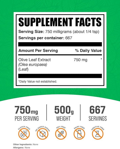 BulkSupplements.com Olive Leaf Extract Powder - Herbal Supplement, Antioxidant Source, Olive Leaf Powder - Gluten Free, 750mg per Serving, 500g (1.1 lbs) (Pack of 1)