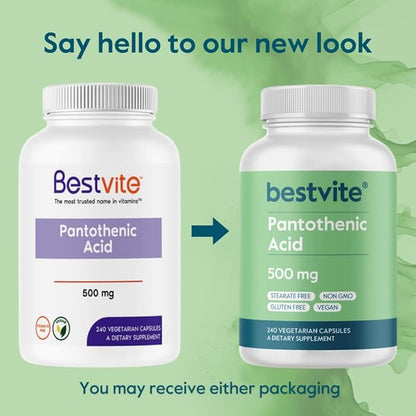 BESTVITE Pantothenic Acid 500mg (Vitamin B5)(240 Vegetarian Capsules) - No Stearates - No Gelatin - No Calcium Silicate - Vegan - Non GMO - Gluten Free