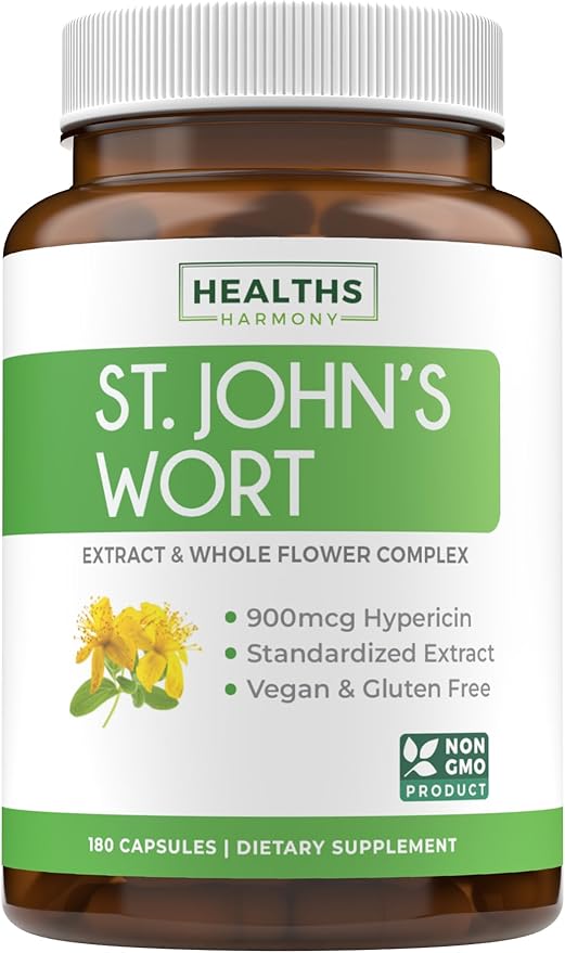 St. John's Wort - 180 Capsules (Non-GMO) Effective St Johns Wort Capsules - Powerful 900mcg Hypericin - Standardized Extract & Whole Herb Supplement - No Oil, Pills, Tea, Tincture - 500mg Per Capsule