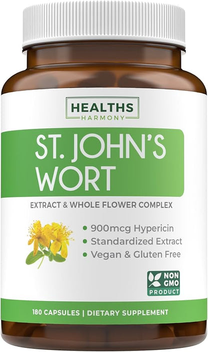 St. John's Wort - 180 Capsules (Non-GMO) Effective St Johns Wort Capsules - Powerful 900mcg Hypericin - Standardized Extract & Whole Herb Supplement - No Oil, Pills, Tea, Tincture - 500mg Per Capsule