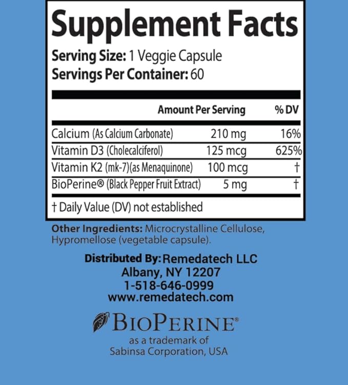 Vitamin K2 + D3 with Calcium, 5000 IU Vitamin D3, 100 mcg K2, 210 mg Calcium, Bone & Joint Support, Heart Support, Immune Support, 60 Capsule