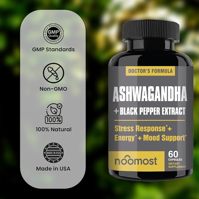 Organic Ashwagandha Capsules w/Black Pepper Extract as Vegan Ashwagandha Supplements for Anti Stress Relief, Natural Mood Support, Energy & Focus-60 Capsules
