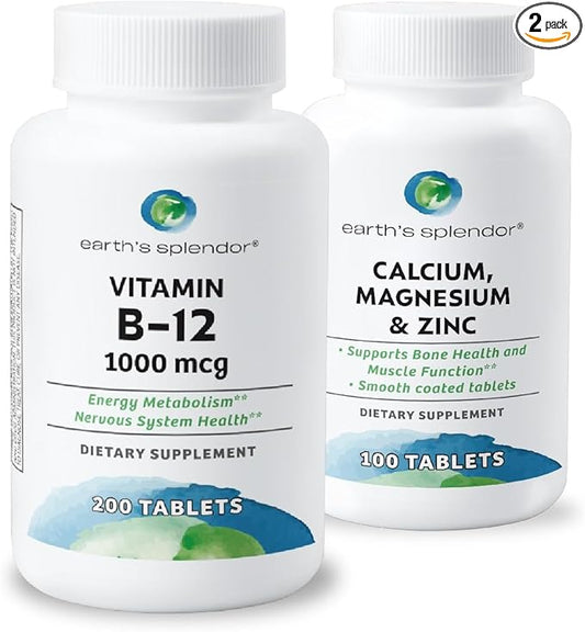 Earth's Splendor: Vitamin B12 & Calcium, Magnesium, Zinc, Gluten Free, No Artificial Flavors or Colors, Supports Energy Metabolism & Bone Health