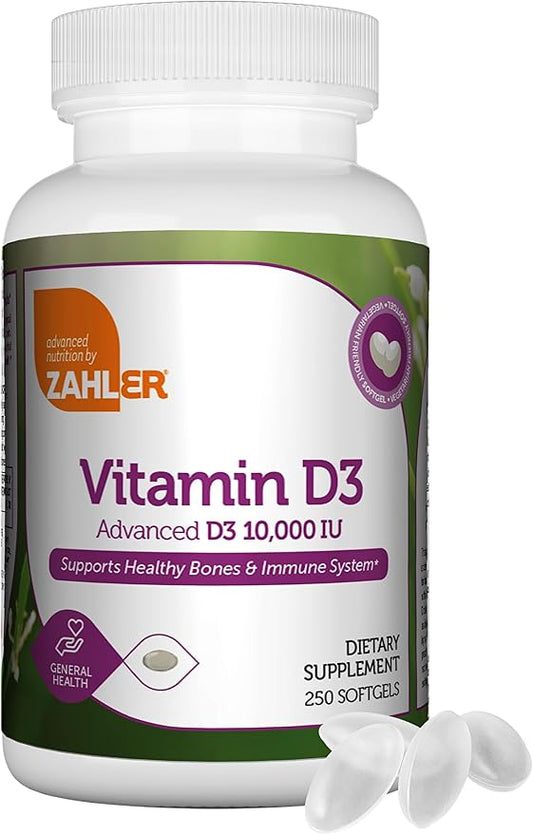 Zahler - Advanced Vitamin D3 10,000 IU Softgels (250 Count) Kosher Vegetarian Friendly Vitamin D for Immune Support, Bone, Teeth & Muscle Health - Easy Swallow VIT D 3