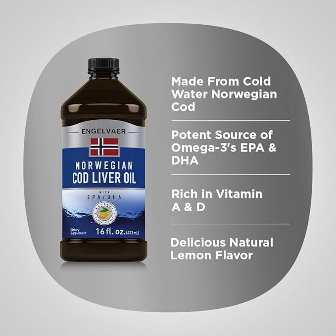 Piping Rock Cod Liver Oil Liquid | 16 fl oz | with EPA and DHA | Engelvaer Norwegian | Lemon Flavor | Non GMO, Gluten Free Supplement