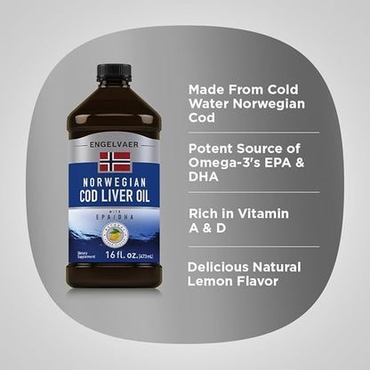 Piping Rock Cod Liver Oil Liquid | 16 fl oz | with EPA and DHA | Engelvaer Norwegian | Lemon Flavor | Non GMO, Gluten Free Supplement