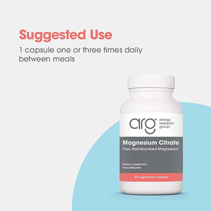 Allergy Research Group Magnesium Citrate Dietary Supplement - Bone & Stress Support, Well-Absorbed, Hypoallergenic, Vegetarian Capsules - 90 Count