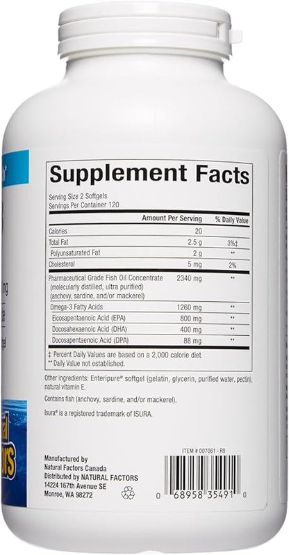 Natural Factors, RxOmega-3 Fish Oil, Pharmaceutical Grade, 1260 mg Omega-3 Per Serving, No Fishy Aftertaste, 240 Count (Pack of 1)